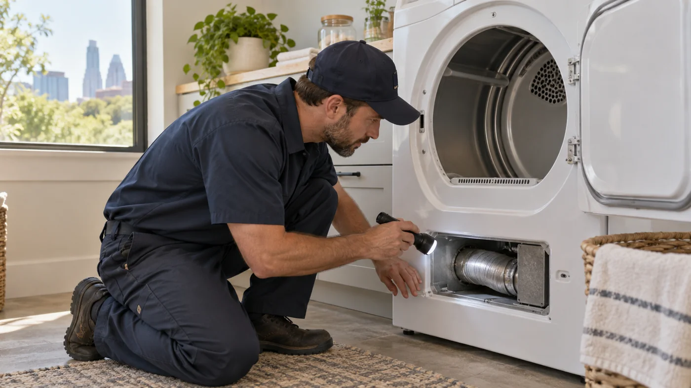 Technician inspecting a household clothes dryer in a laundry room