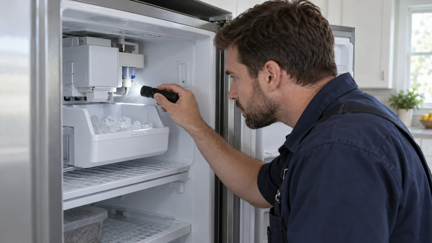Technician checking the ice maker compartment inside a refrigerator