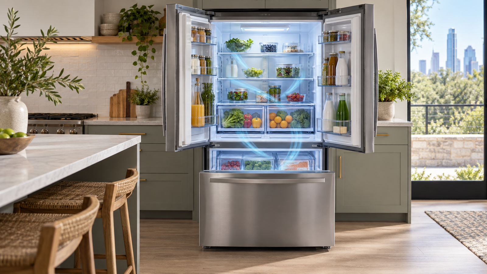 Open refrigerator and freezer compartments in a modern kitchen
