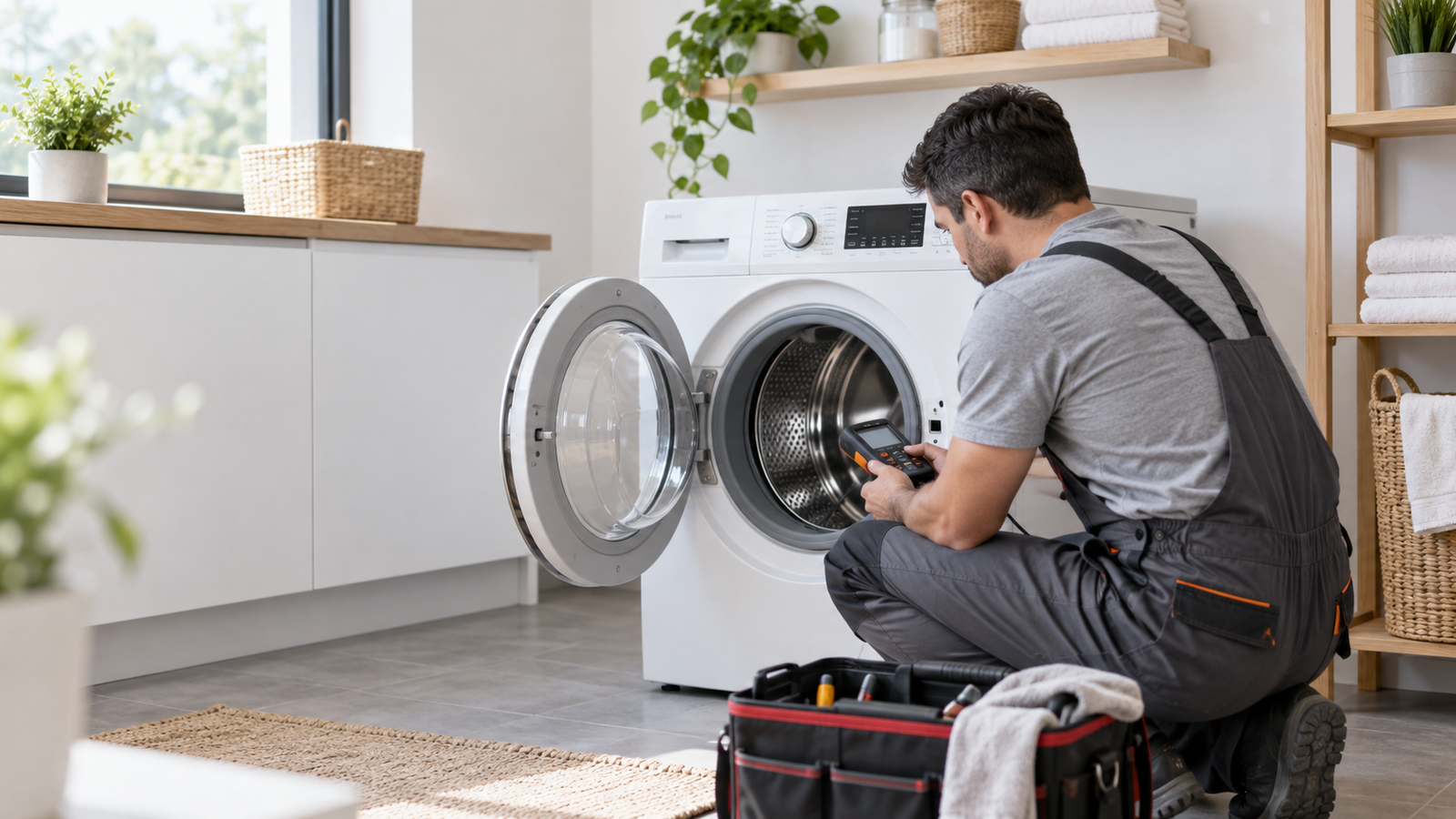 Technician inspecting a household washing machine in a bright laundry room