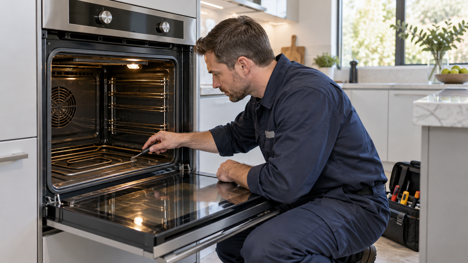 Technician inspecting an electric wall oven; illustrative image