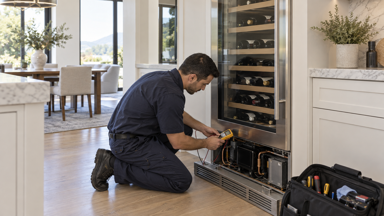 Technician inspecting the lower cooling compartment of a glass-door built-in wine cooler; illustrative image