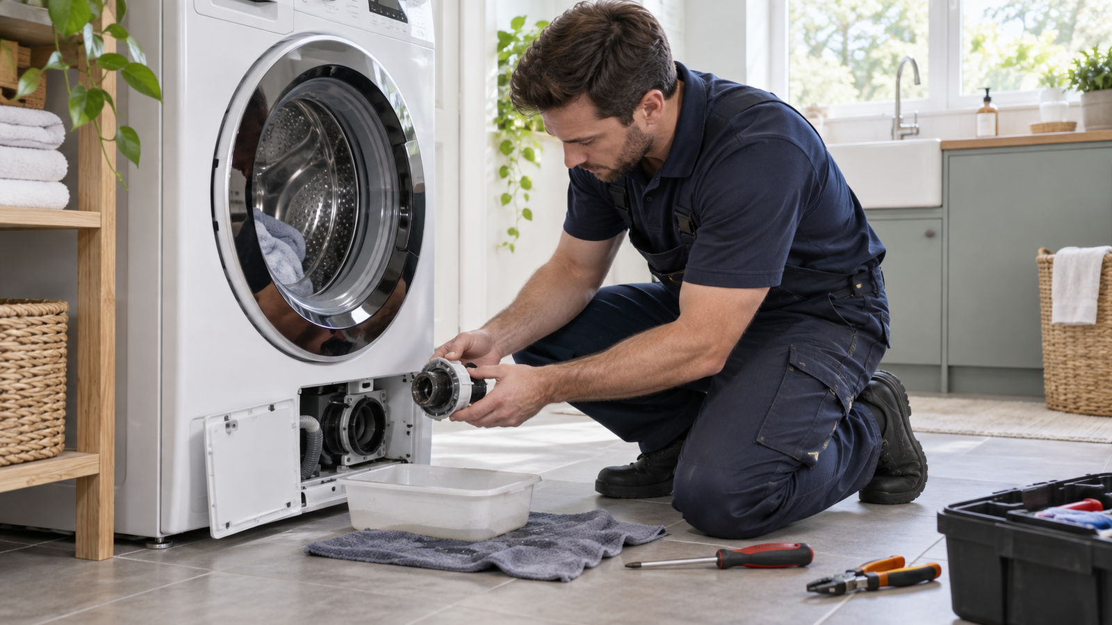 Technician inspecting the drain area of a front-load washer